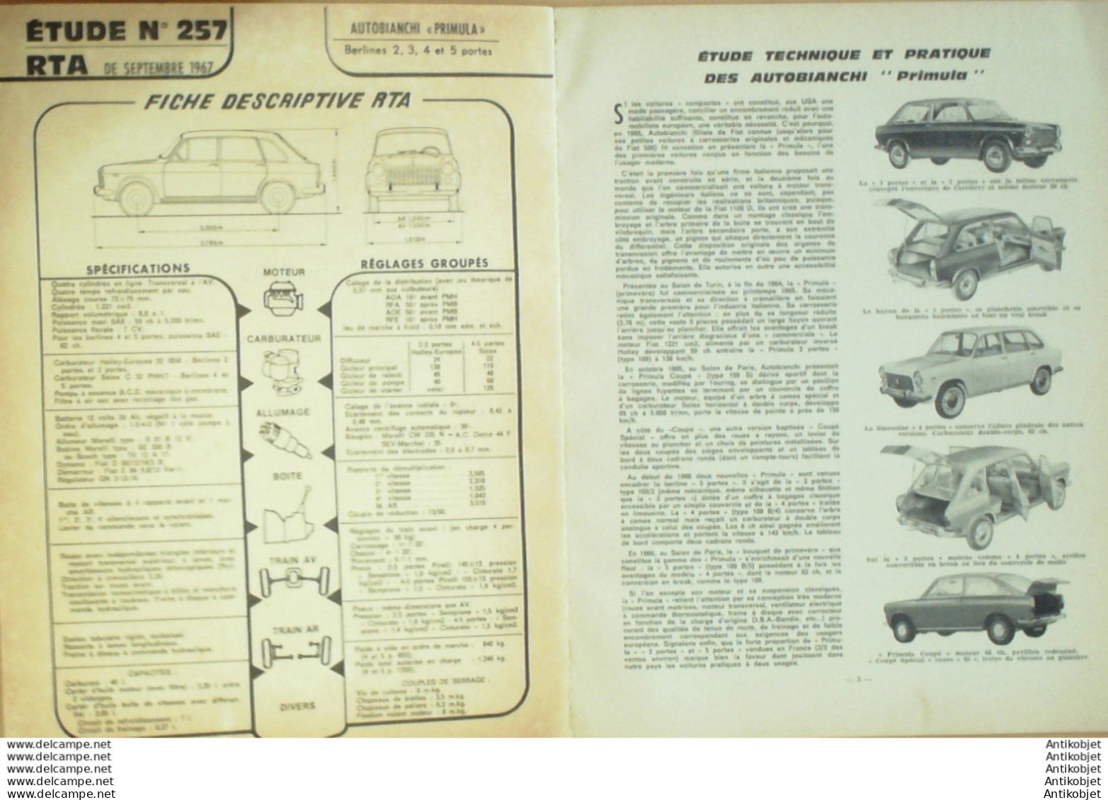 Revue Tech. Automobile Autobianchi Primula 1968 - Auto/Moto