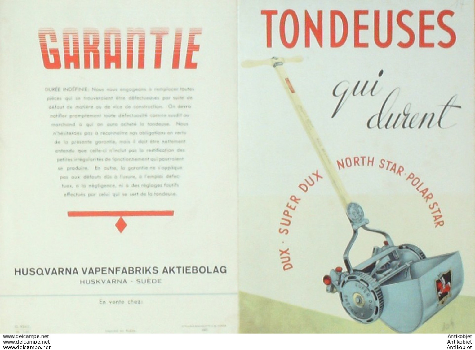 Tondeuses  DUX HUSQVARNA (Matériel De Jardinage) Suède 1937 - Autres & Non Classés