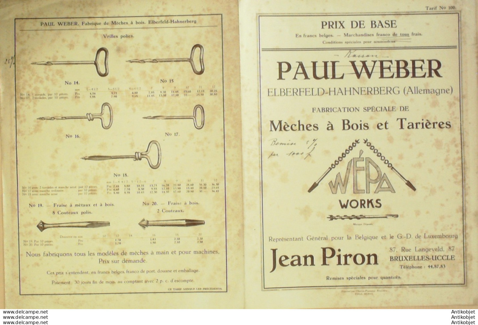 WEPA WORKS WEBER Paul (Mèches à Bois Tarières) Belgique 1939 - 1900 – 1949