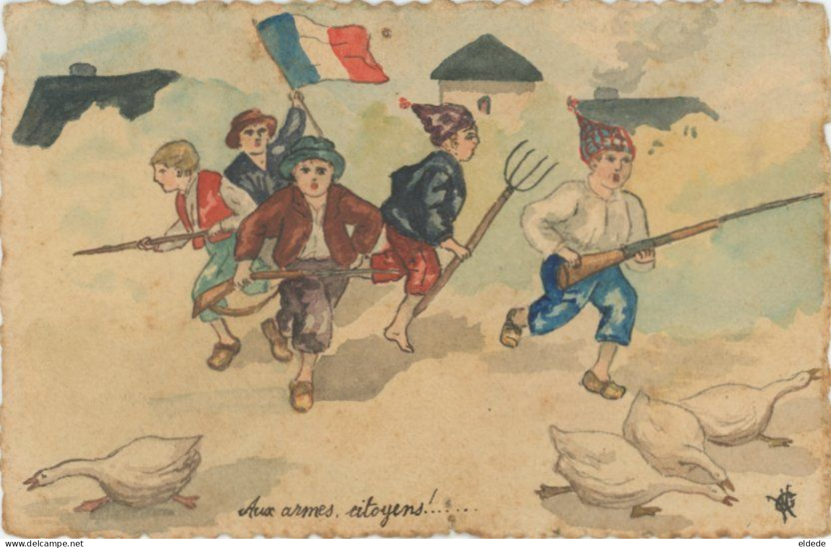 Carte Peinte Main Revolution Française La Marseillaise Paysan Ouvrier Baionnette Oie Droits De L' Homme - Otros & Sin Clasificación