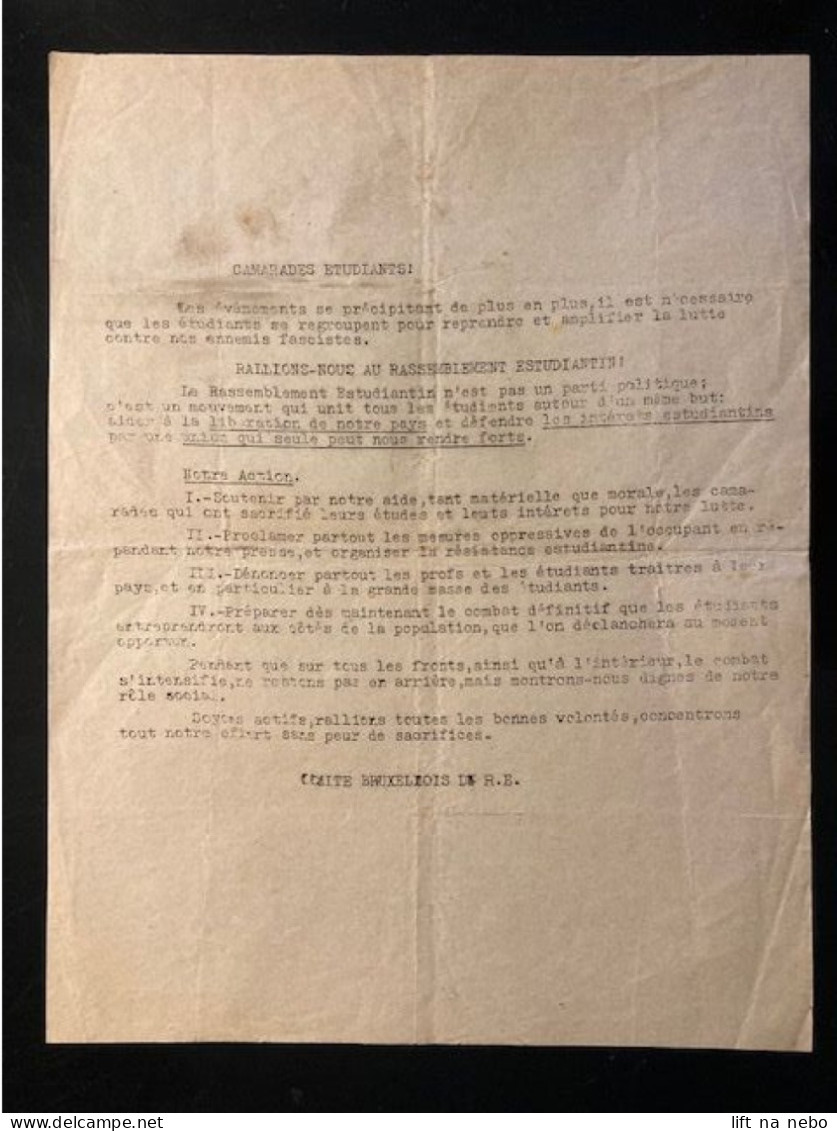Tract Presse Clandestine Résistance Belge WWII WW2 'CAMARADES ETUDIANTS! - Documentos