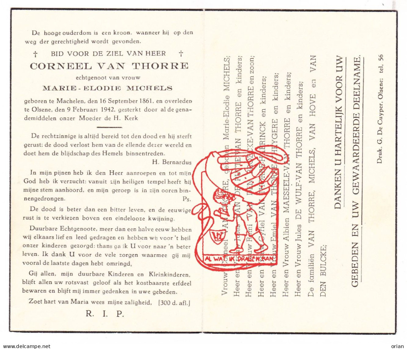 DP Corneel Van Thorre ° Machelen Zulte 1861 † Olsene 1942 X M. Michels // Vandeputte Haerinck Maeseele De Wulf Van Hove - Devotion Images