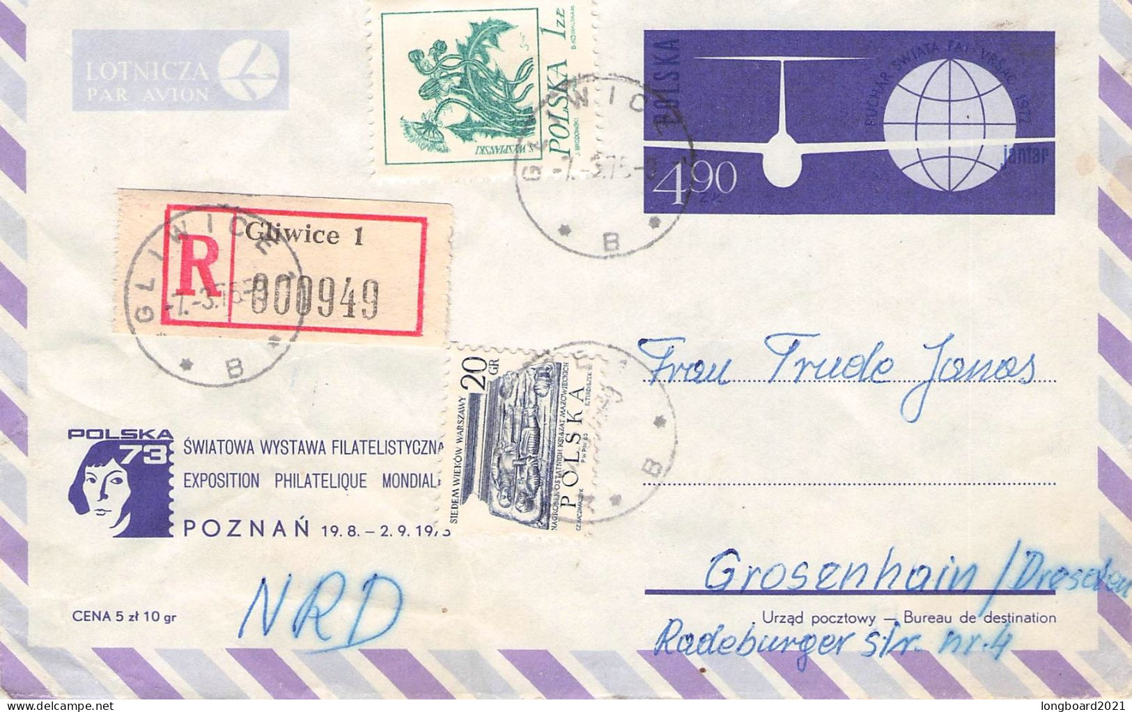 POLAND - REGISTERED AEROGRAMME 1975 GLIWICE - GROSSENHAIN/GDR/ 7058 - Airplanes