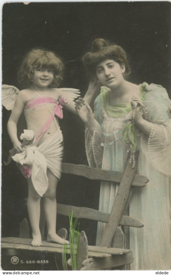 Real Photo Hand Colored Young Girl In Cupid And Mam Petite Fille Ange Et Sa Maman - Andere & Zonder Classificatie