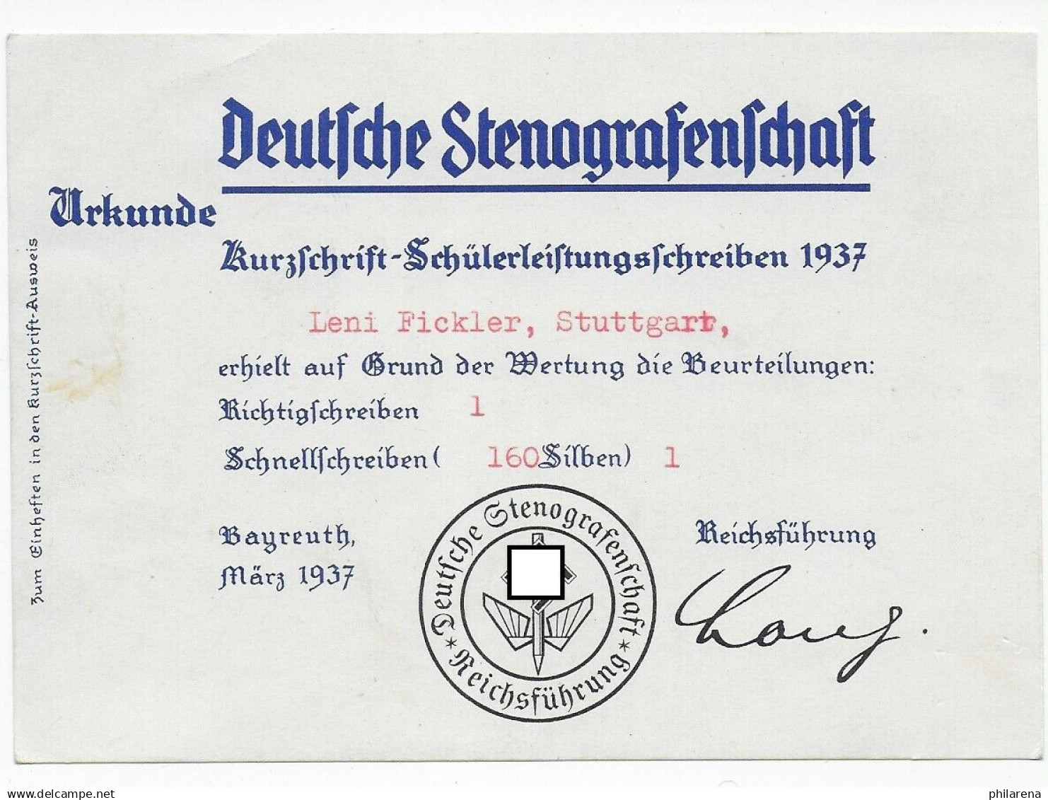 Urkunde Im Postkartenformat Der Stenografenschaft Stuttgart, 1937 - Documents Historiques