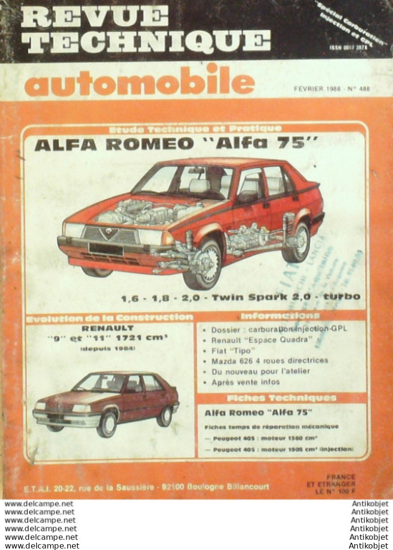 Revue Technique Automobile Alfa Roméo 75 Renault 11 Fiat Tipo   N°488 - Auto/Moto