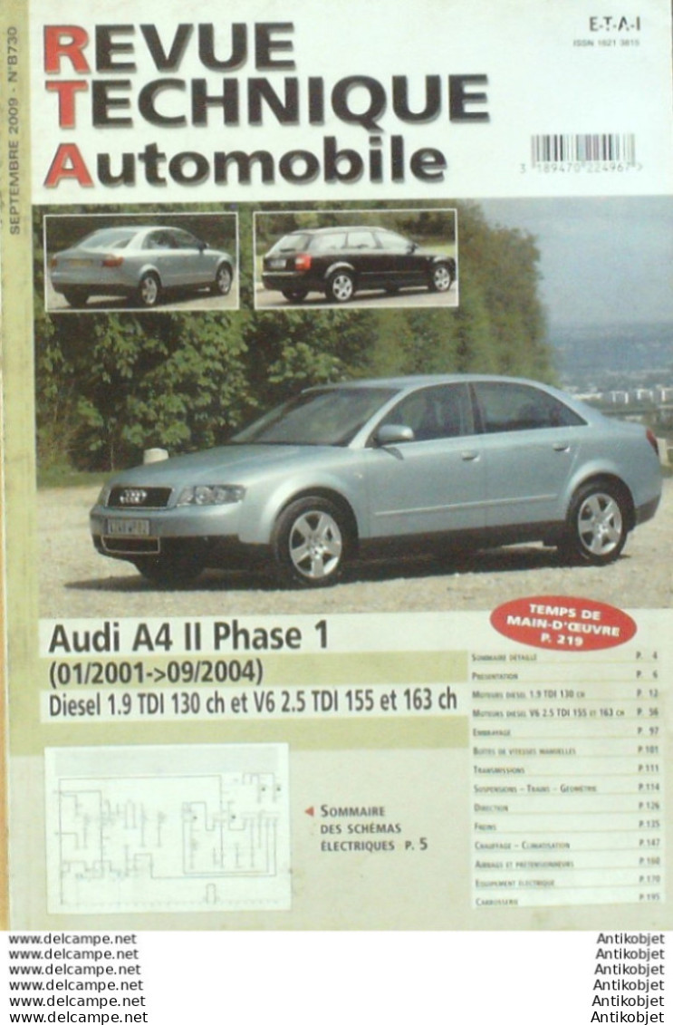 Revue Technique Automobile Audi A4 II D 01/2001 à 09/2004 Phase 1   N°B730  - Auto/Moto