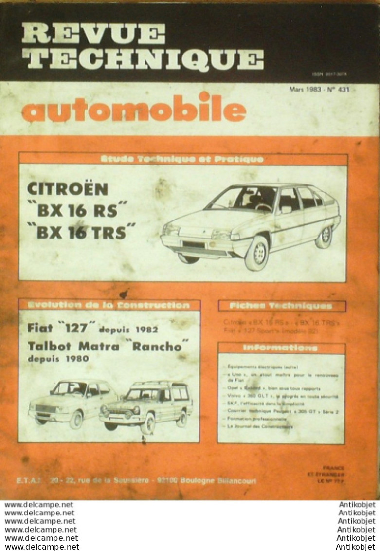 Revue Technique Automobile Citroen BX 16 Fiat 127 Talbot Matra Rancho   N°431 - Auto/Moto