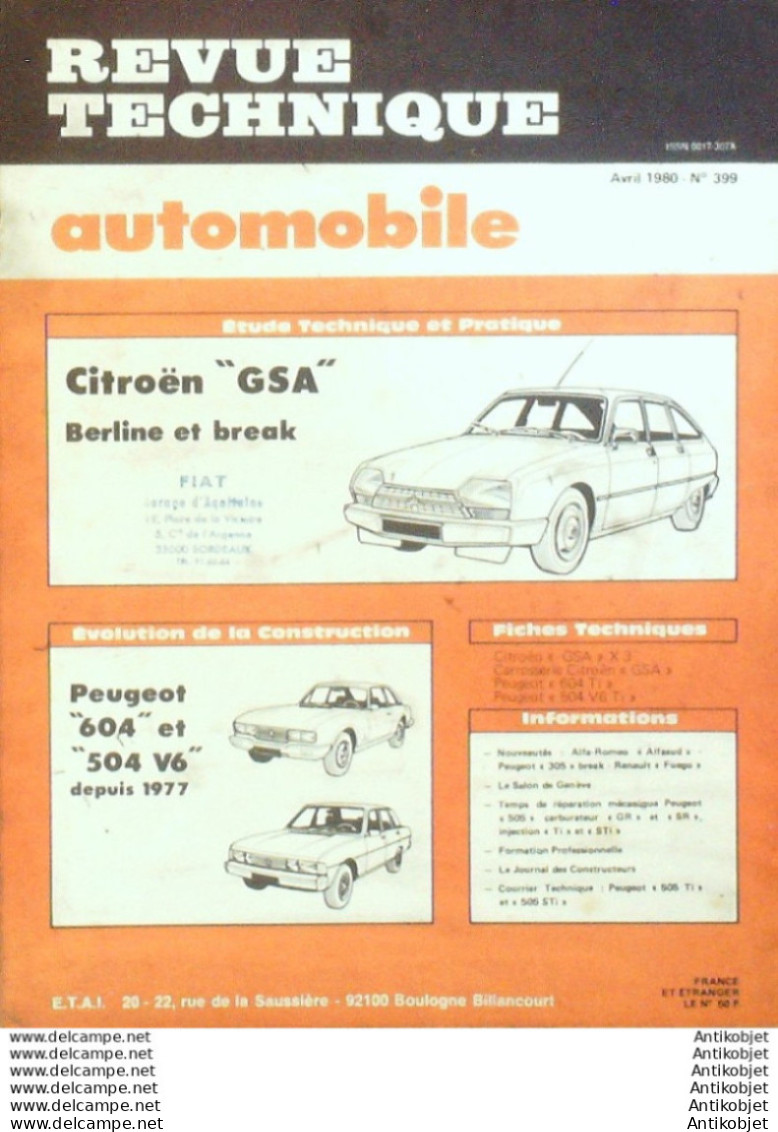 Revue Technique Automobile Citroen Gsa Peugeot 504 & 604 V6   N°399     - Auto/Moto