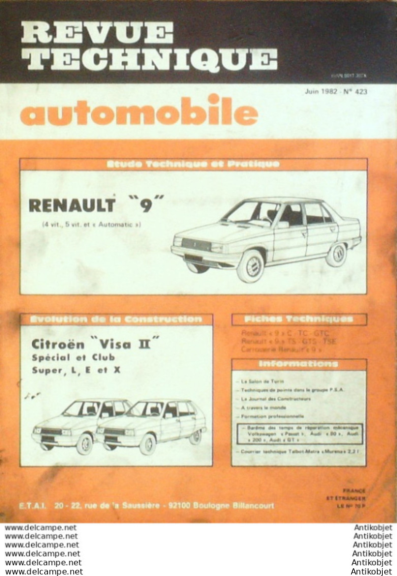 Revue Technique Automobile Citroen Visa II Renault 9   N°423 - Auto/Moto