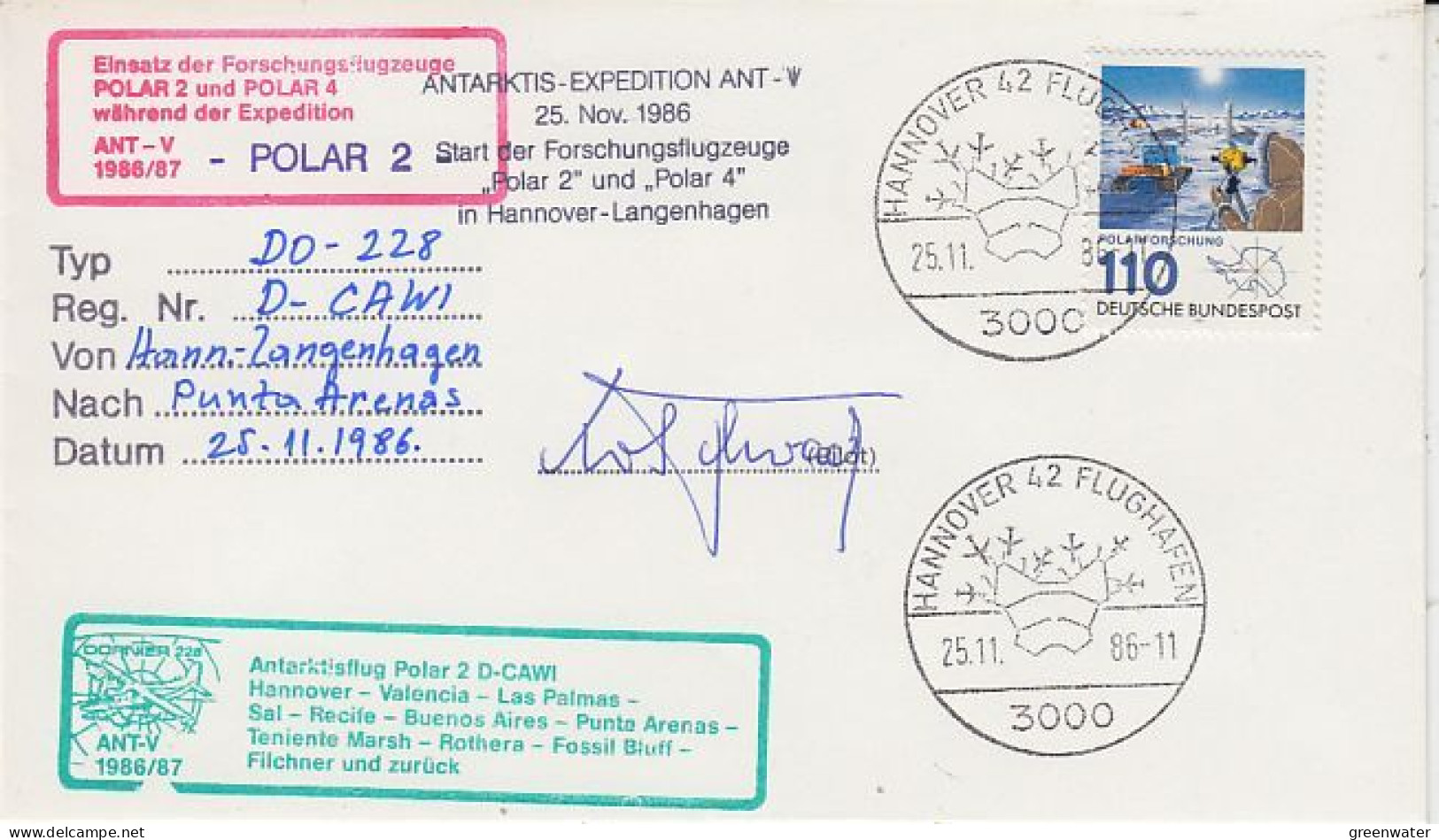 Germany  Polar 2 Flight From Hannover-Langenhagen To Punta Arenas 25.11.1986 (GS170) - Polar Flights