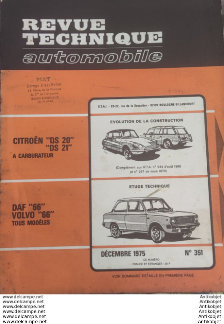 Revue Technique Automobile Daf 66 Volvo 66 Citroen Ds 20 & 21   N°351 - Auto/Motor