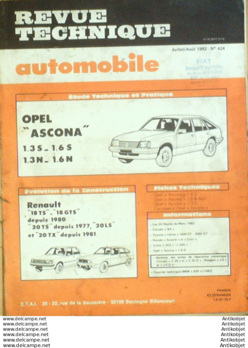 Revue Technique Automobile Opel Ascona Renault 18 & R20   N°424 - Auto/Moto