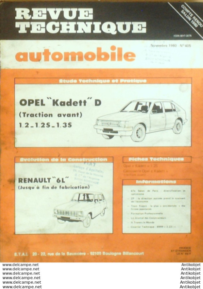 Revue Technique Automobile Opel Kadett D Renault 6L   N°405 - Auto/Moto
