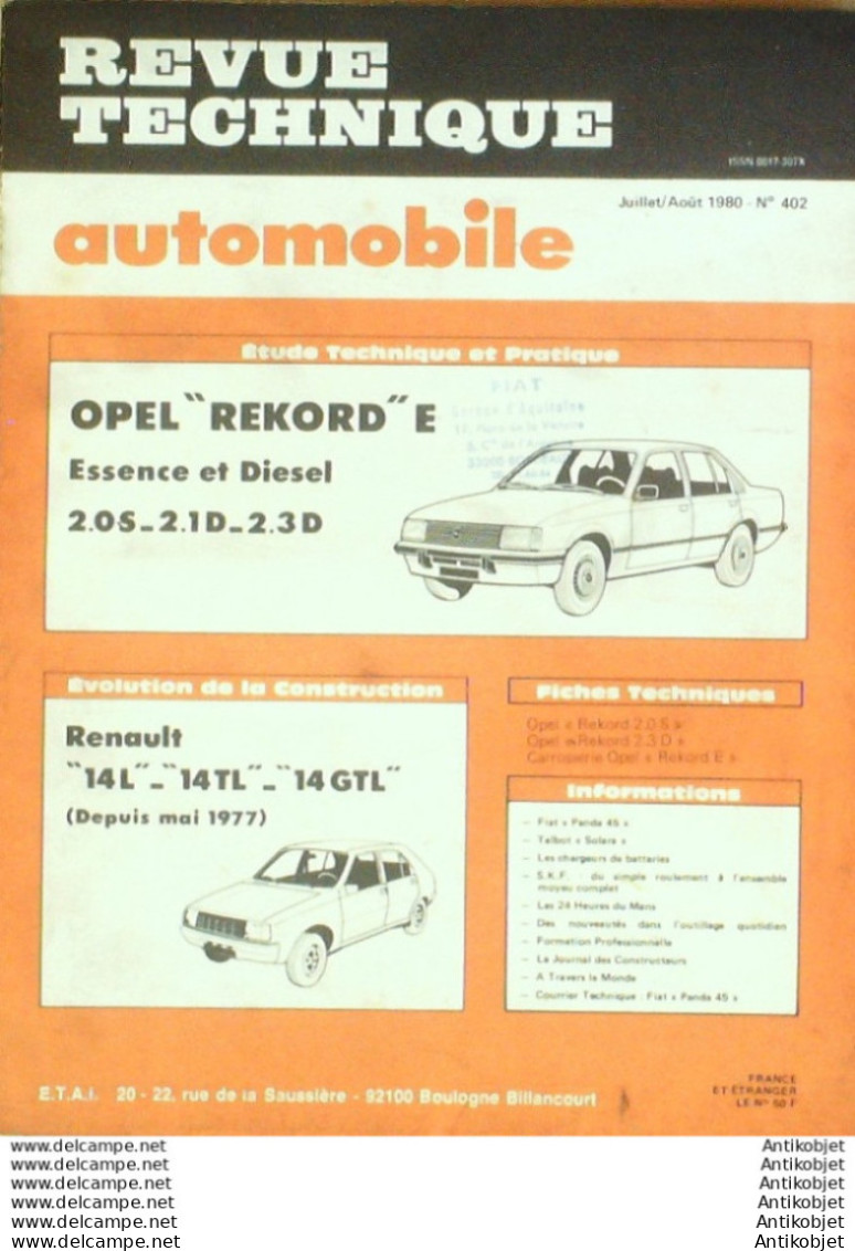 Revue Technique Automobile Opel Rekord Renault 14 Talbot Solara Fiat Panda 45   N°402 - Auto/Moto