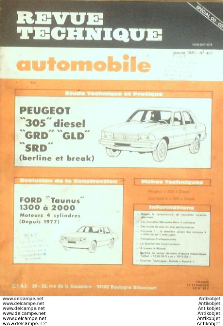 Revue Technique Automobile Peugeot 305 Ford Taunus 1300 à 2000   N°407 - Auto/Motor