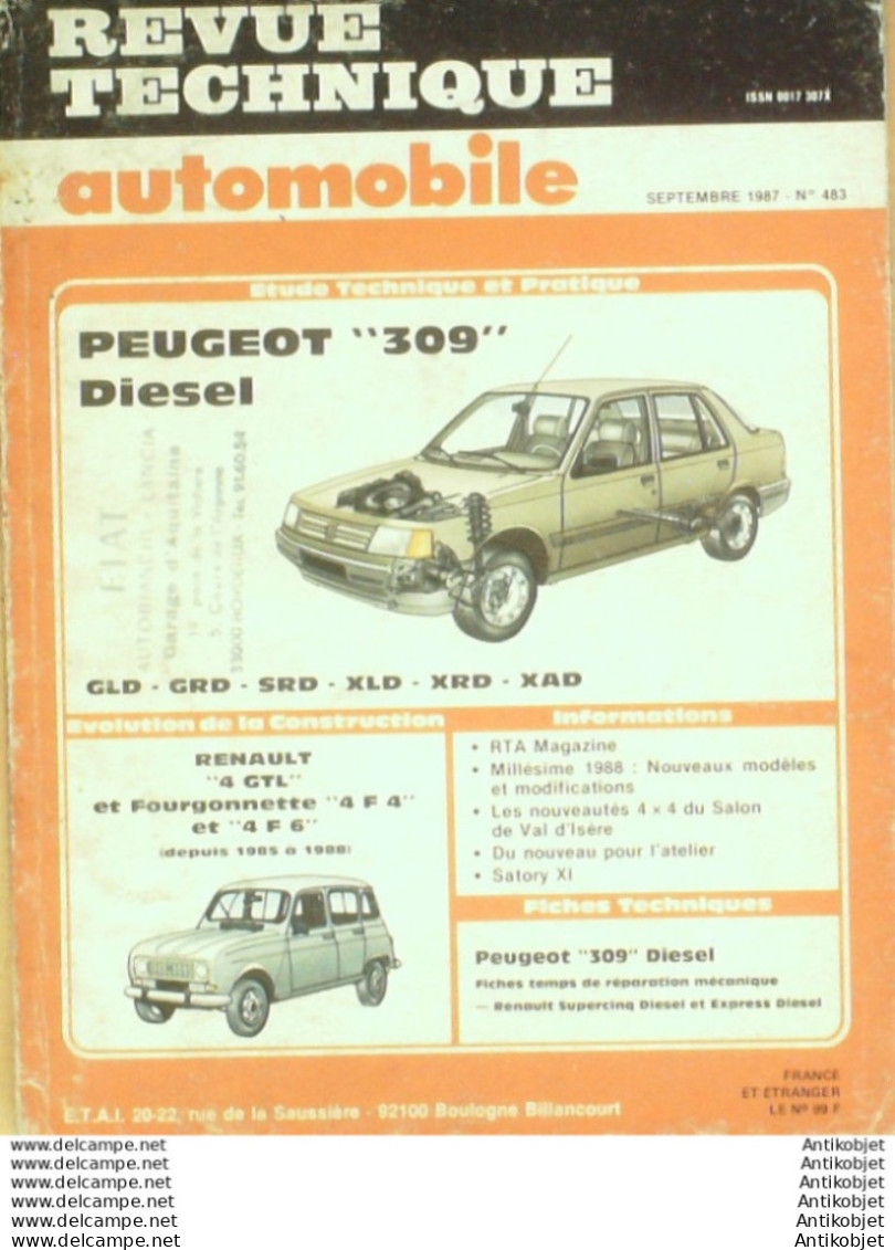 Revue Technique Automobile Peugeot 309 Renault 4GTL   N°483 - Auto/Motor