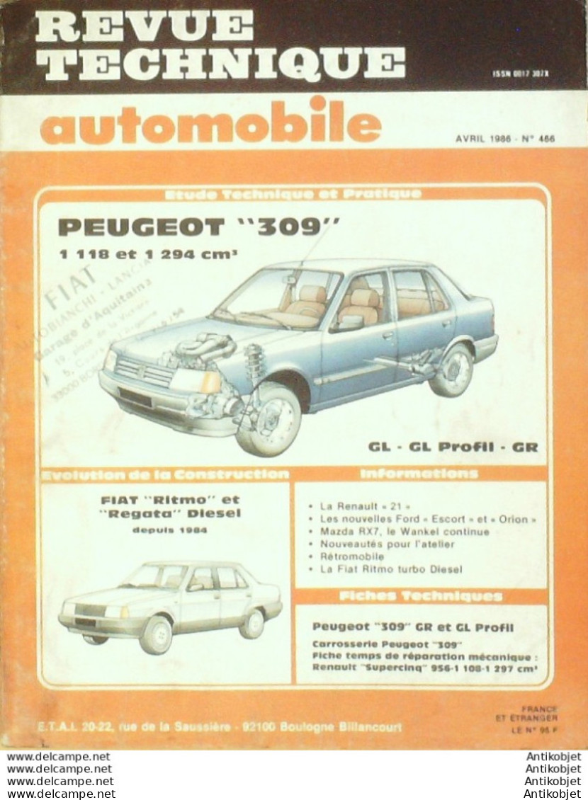 Revue Technique Automobile Peugeot 309 1118/1294 Fiat Ritmo Regata D 1984   N°466 - Auto/Moto