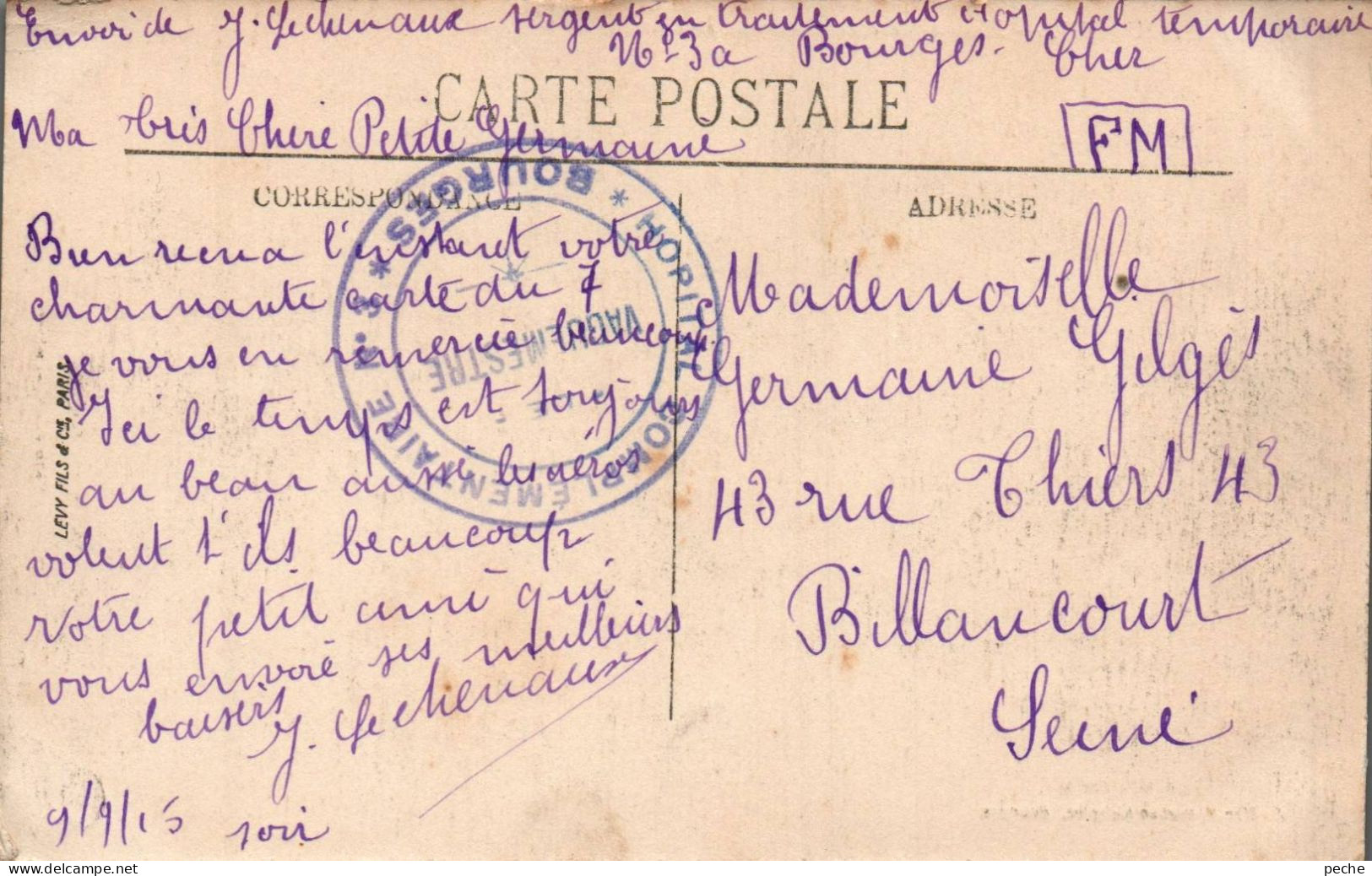 N°1317 W -cachet Hôpital Complémentaire N°3 -Bourges- - Guerre De 1914-18