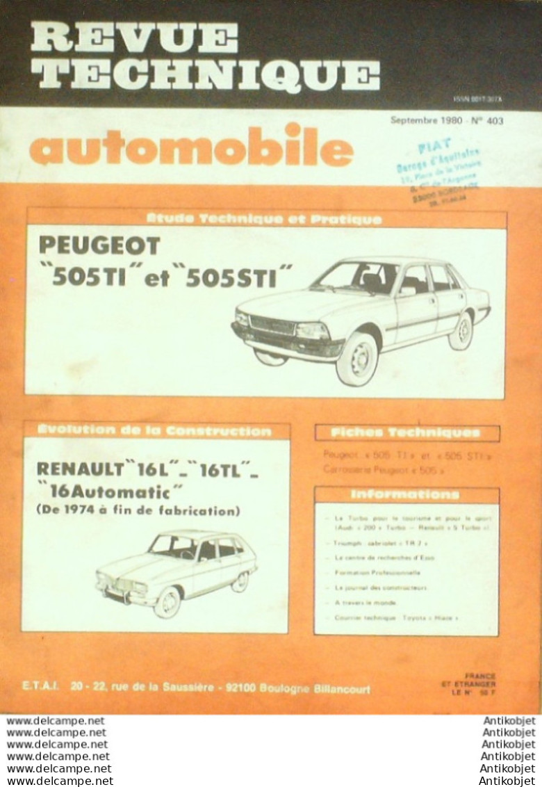 Revue Technique Automobile Peugeot 505 Renault 16 Audi 200 Triumph   N°403 - Auto/Motorrad