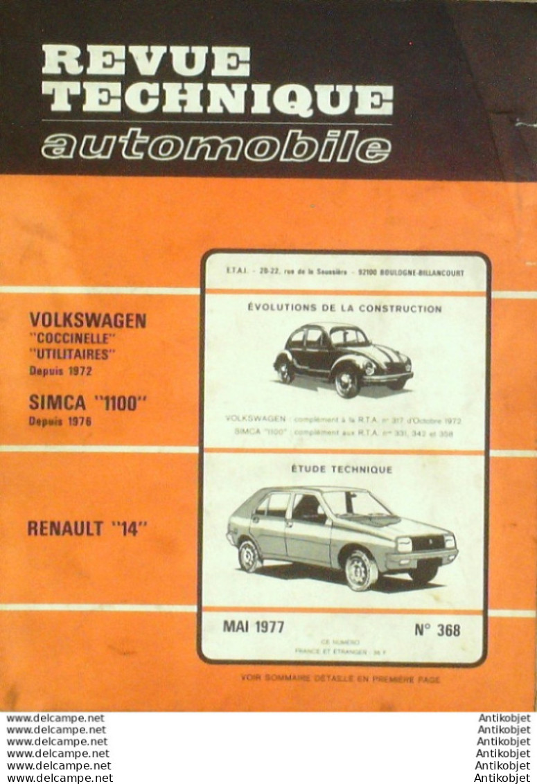 Revue Technique Automobile Renault 14 Volkswagen Coccinelle Simca 1100   N°368 - Auto/Motor