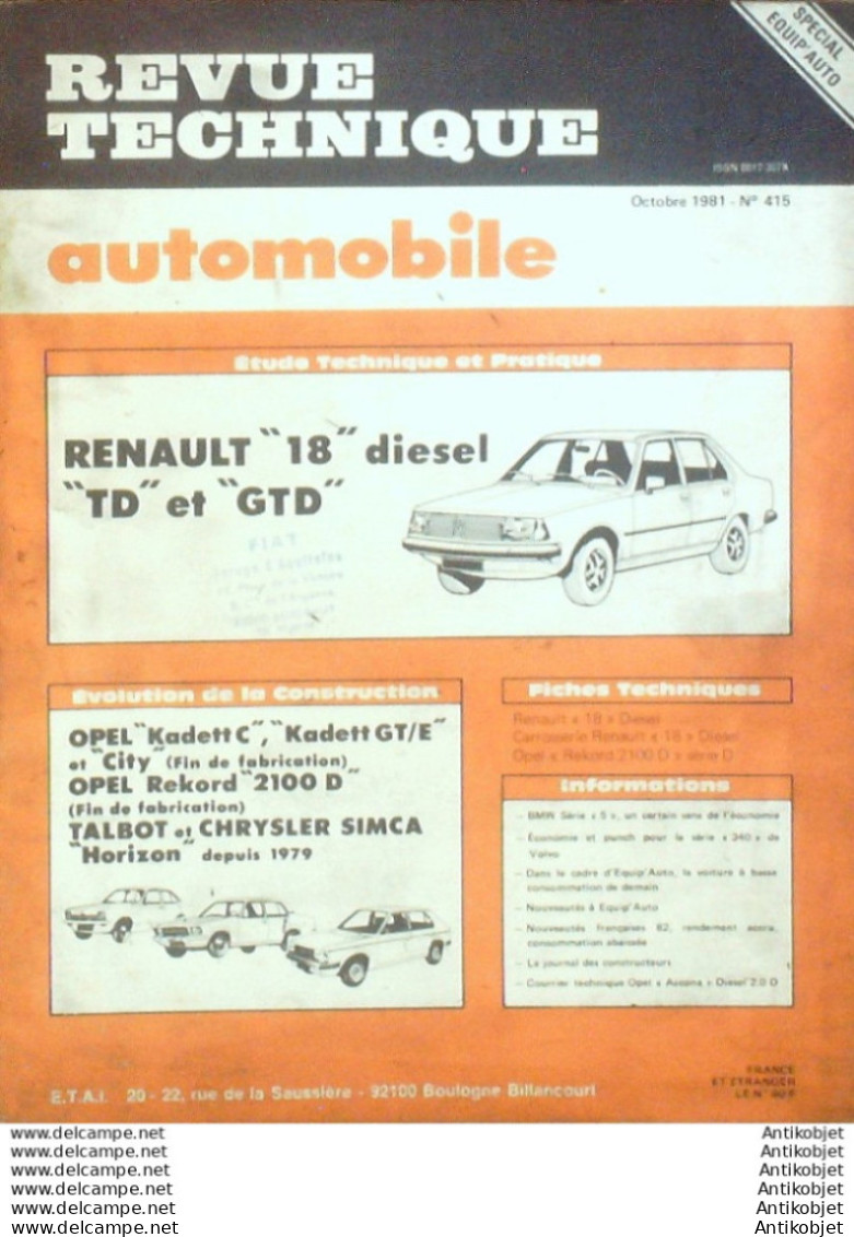 Revue Technique Automobile Renault 18 Bmw Série 5 Opel Kadett & Record Talbot   N°415 - Auto/Moto