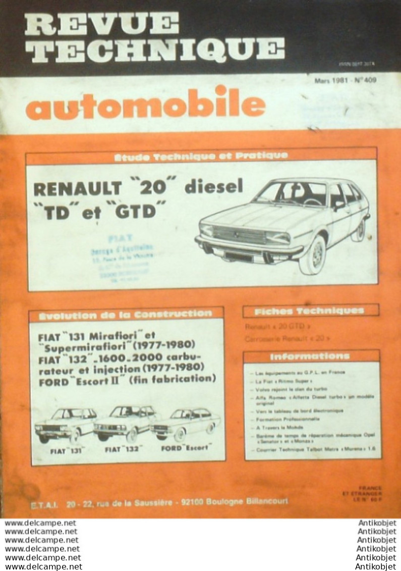 Revue Technique Automobile Renault 20 Fiat 131 132 Ford Escort II   N°409 - Auto/Motor
