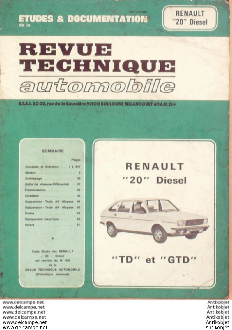 Revue Technique Automobile Renault 20 Diesel   N°509 - Auto/Moto