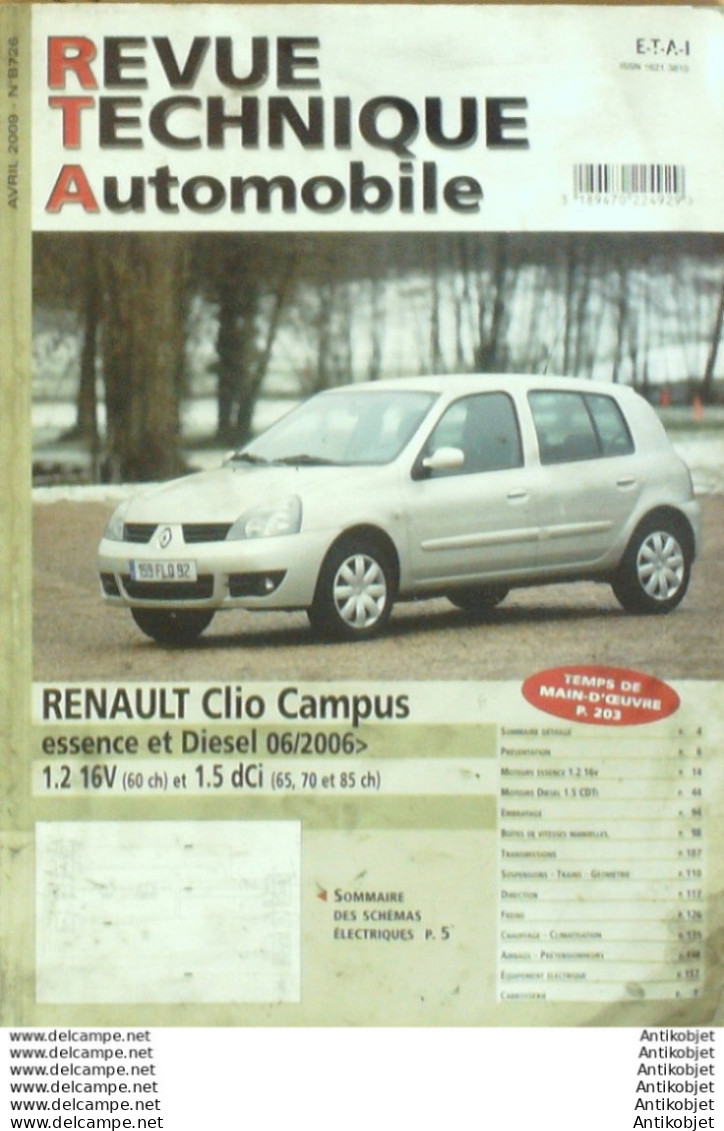 Revue Technique Automobile Renault Clio Campus   N°726 - Auto/Moto