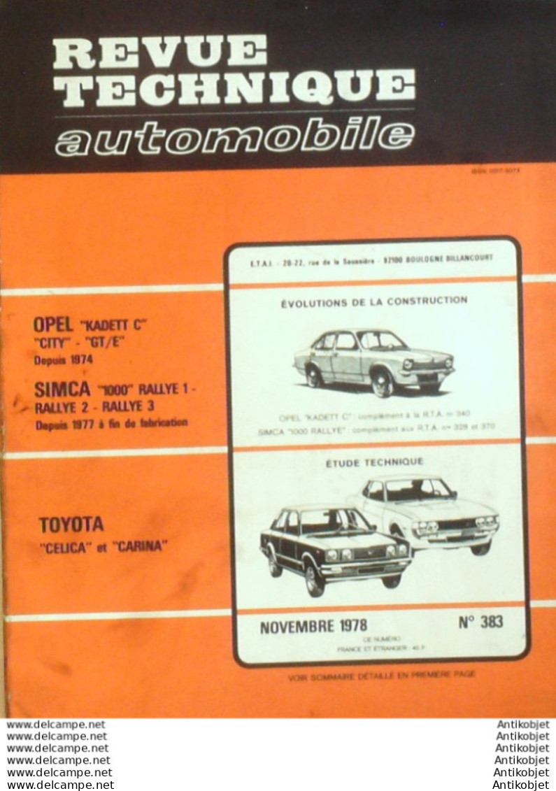 Revue Technique Automobile Toyota Celica & Carina Opel Kadett Simca 1000   N°383 - Auto/Moto