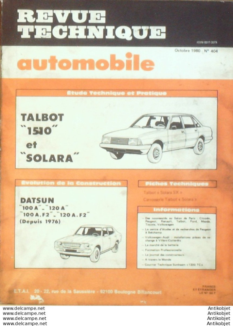Revue Technique Automobile Talbot 1510 & Solara Datsun 100/120  1976   N°404 - Auto/Moto