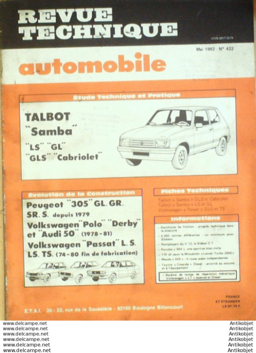 Revue Technique Automobile Talbot Samba Peugeot 305 Volkswagen Polo Audi 50   N°422 - Auto/Motorrad