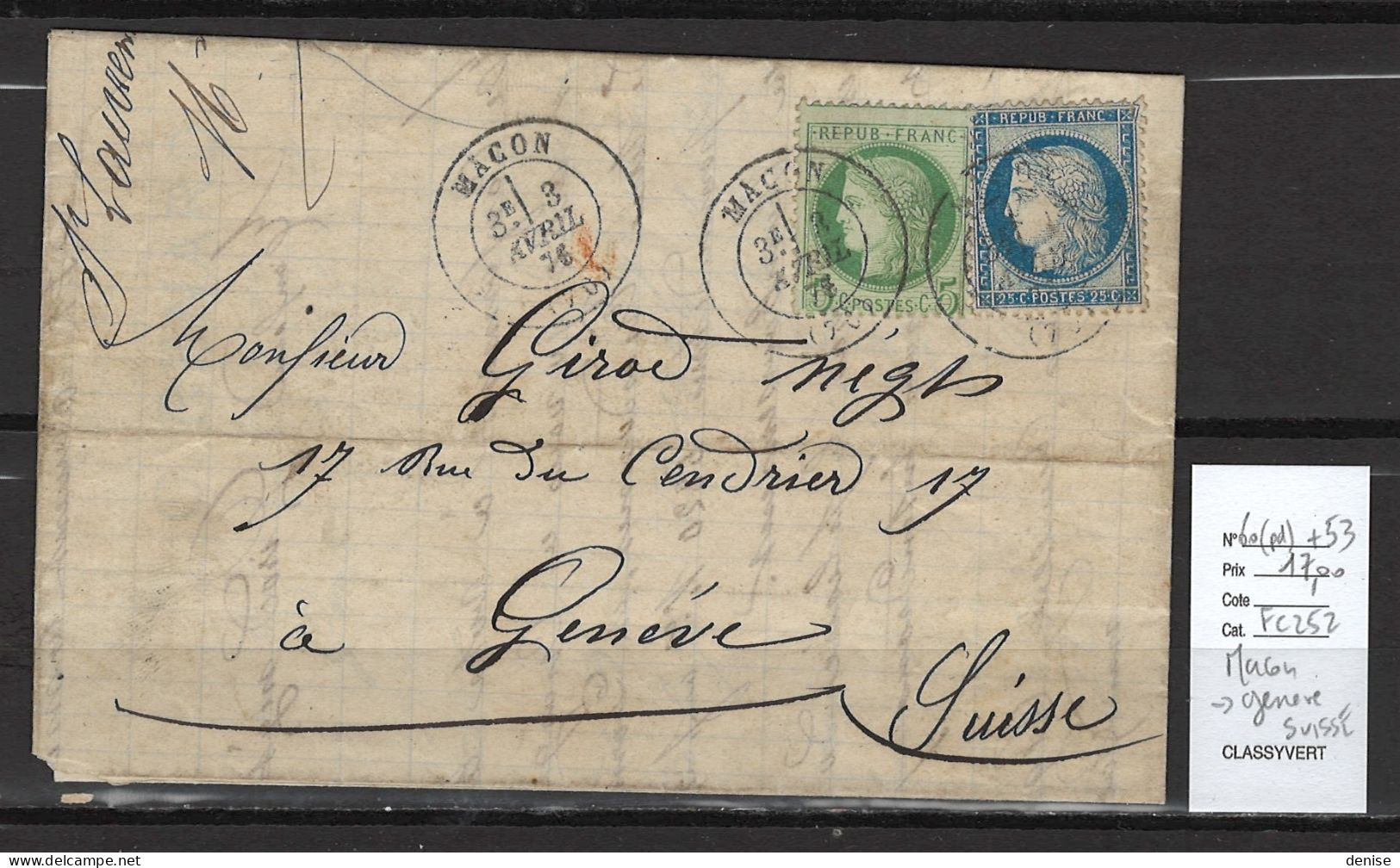 France - Lettre Macon - 1876  - Yvert 60 + 53  Pour Geneve- Suisse - 1849-1876: Classic Period