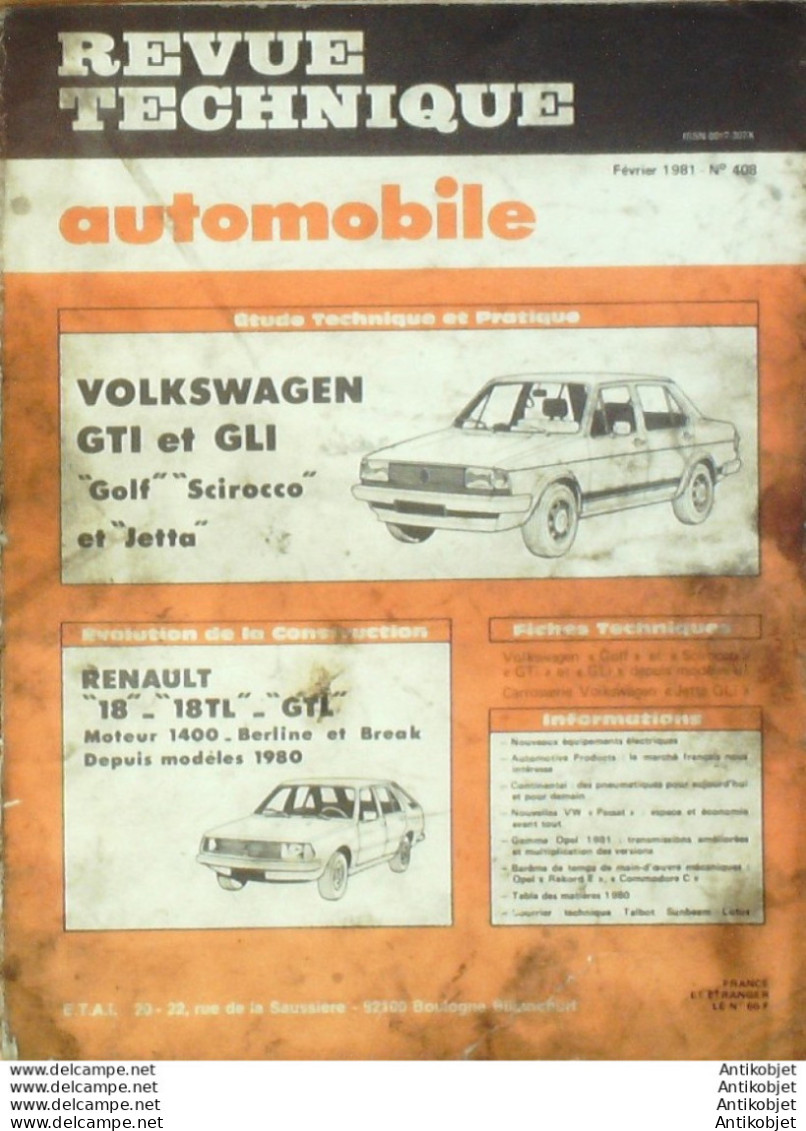 Revue Technique Automobile Volkswagen Golf & Sitocco Jetta Renault 18 1980   N°408 - Auto/Motorrad