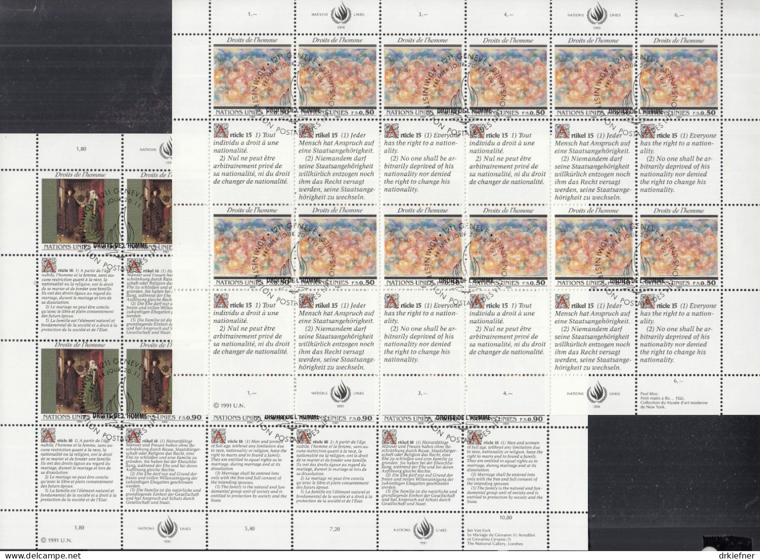 UNO GENF 208-209, 2 Kleinbogen (6x2), Gestempelt, Menschenrechte, 1991 - Blokken & Velletjes