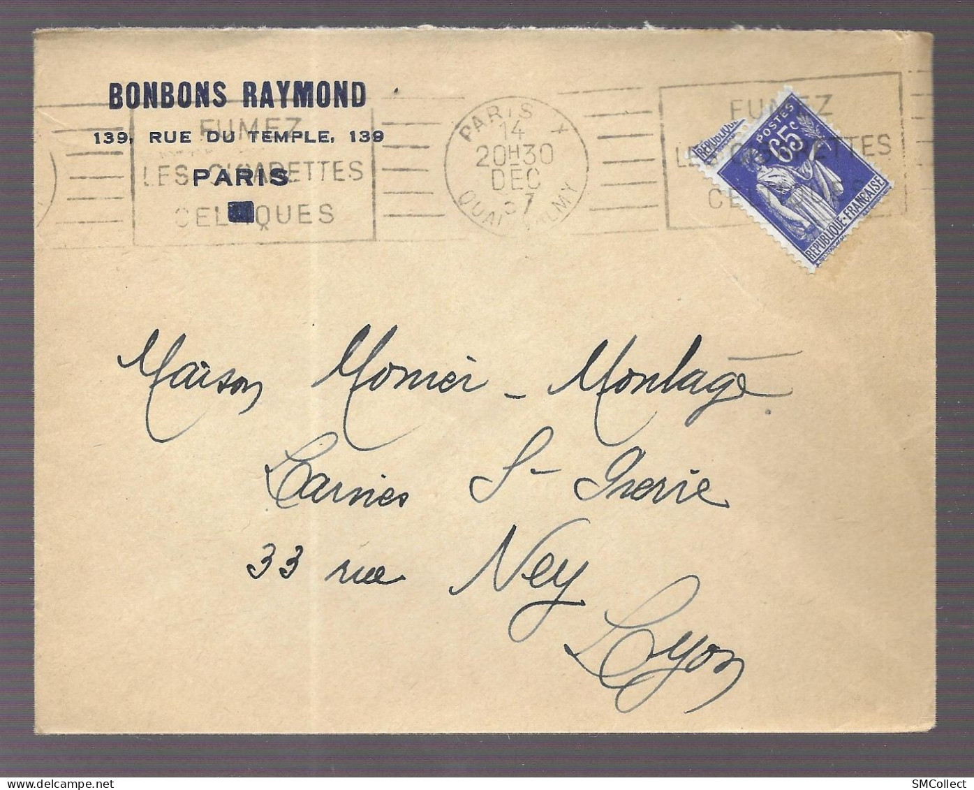 Paris 1937, Oblitération Mécanique. Enveloppe à En-tête Des Bonbons Raymond, Voyagée Vers Lyon (AS) - 1921-1960: Modern Period