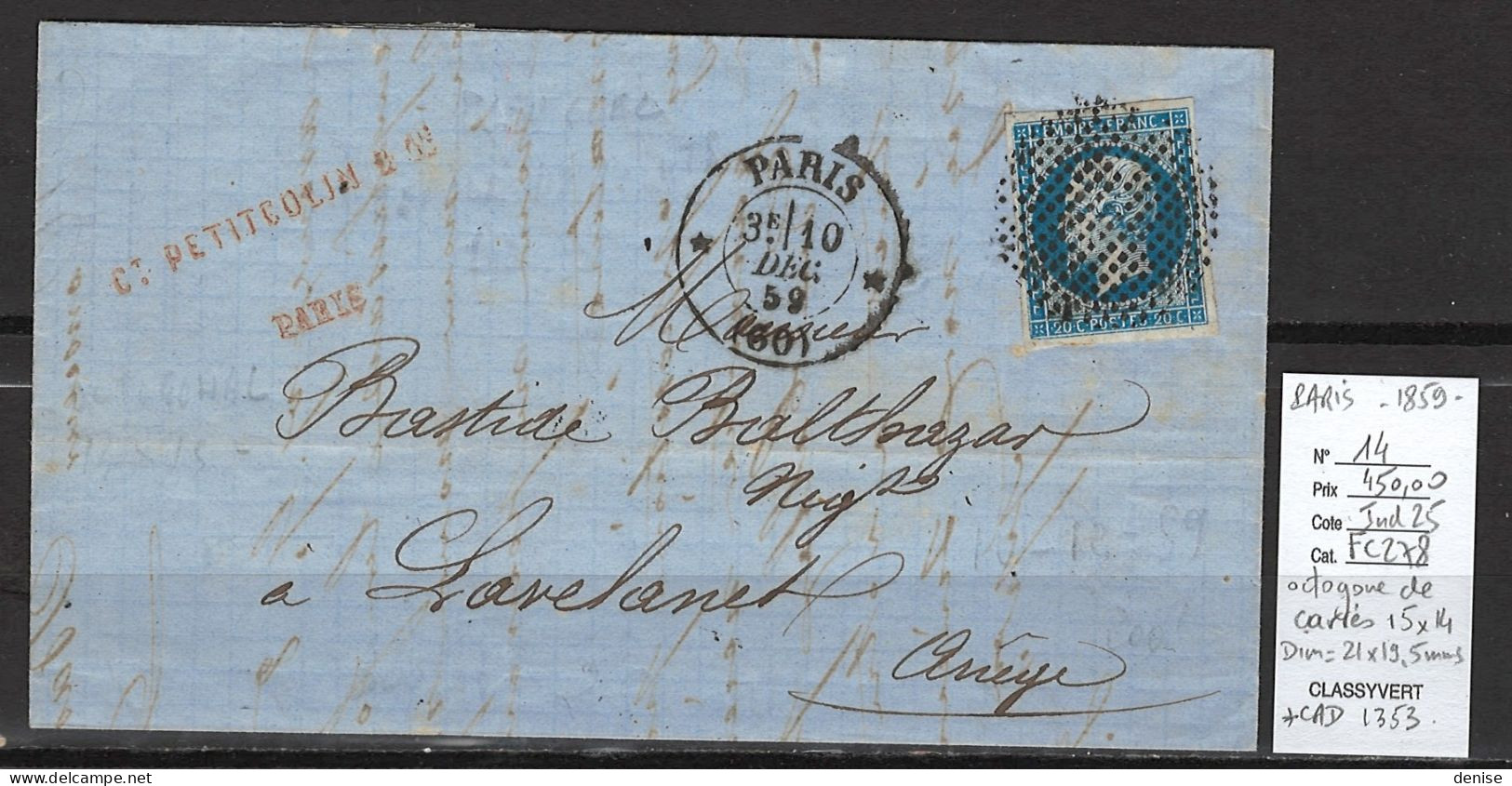 France - Lettre Paris Pour Lavelanet - Ariege - 1859 - OCTOGONE DE CARRES + CAD Paris 60 - 1849-1876: Periodo Clásico