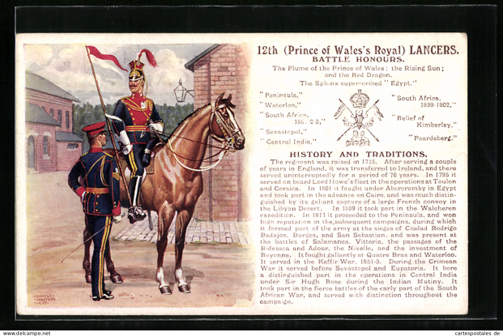 Artist's Pc 12th Prince Of Wales`s Royal Lancers, Britischer Soldat Zu Pferd  - Régiments