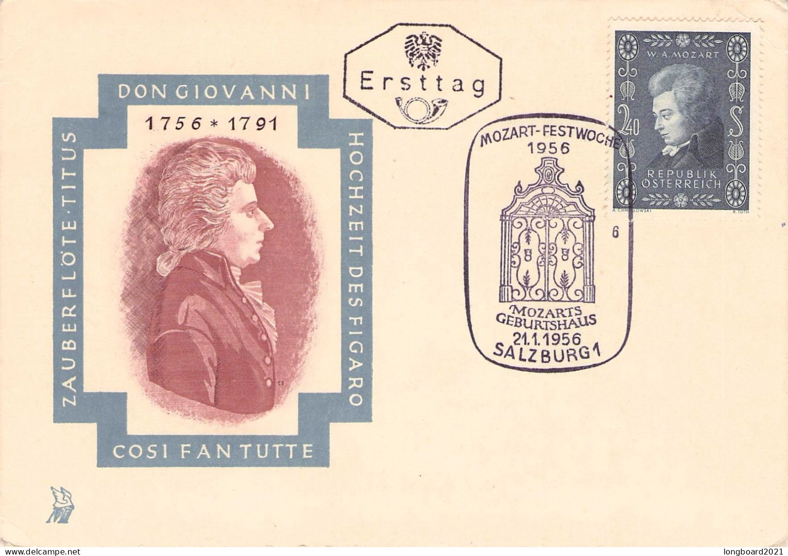 ÖSTERREICH - FDC 1956 MOZART Mi 1024 / 7062 - FDC