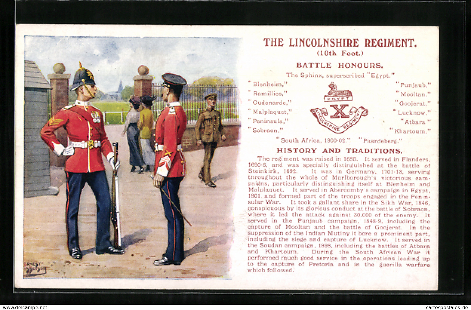 Artist's Pc The Lincolnshire Regiment, 10th Foot., Battle Honours, Britische Soldaten In Uniform  - Régiments