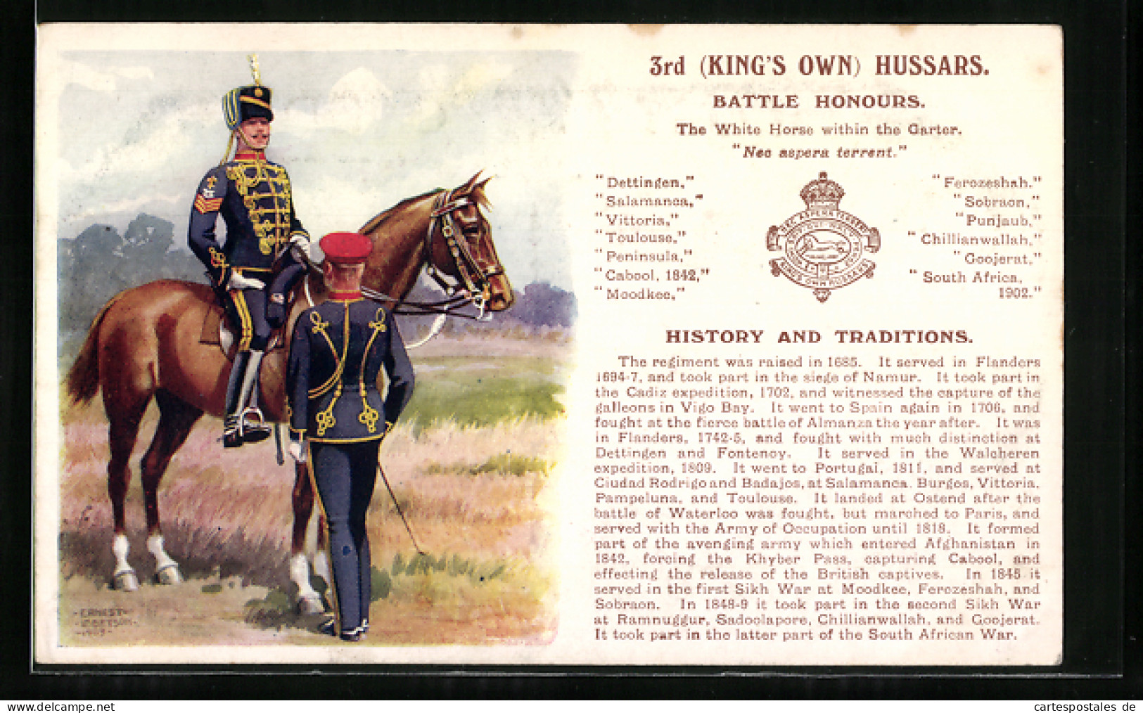 Artist's Pc 3rd King`s Own Hussars, Battle Honours, Britische Husaren In Uniform  - Régiments