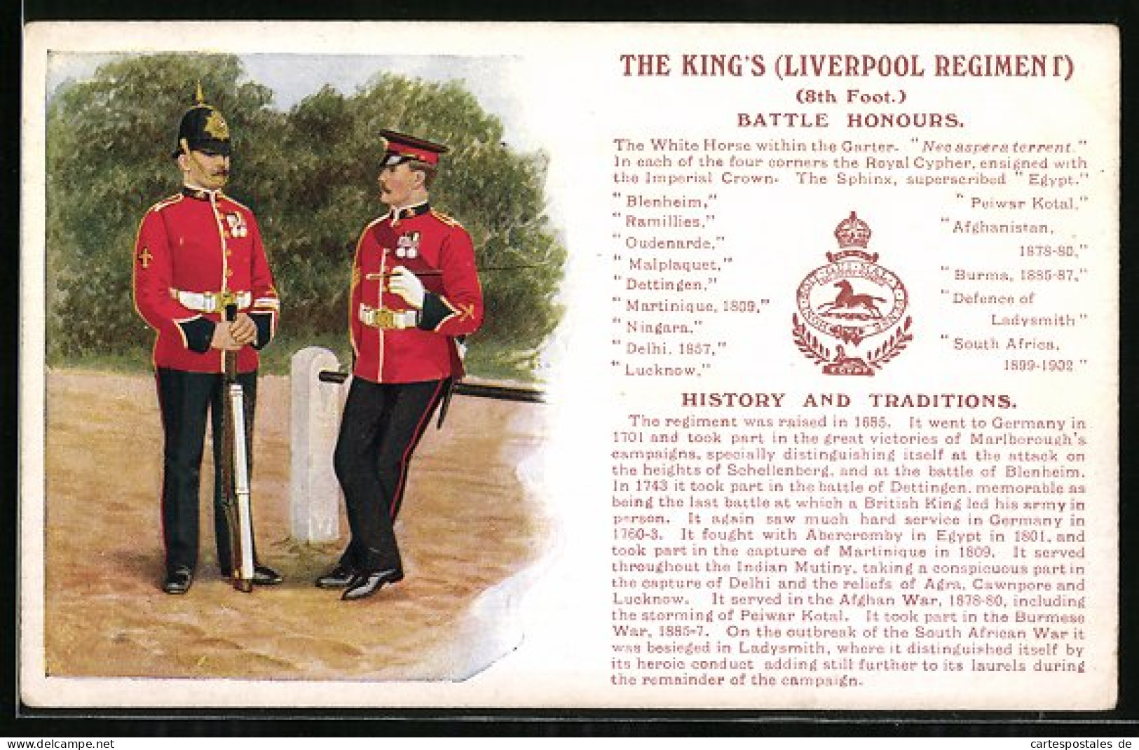 Artist's Pc The King`s Liverpool Regiment, 8th Foot., Battle Honours, Britische Soldaten In Uniformen  - Regimientos