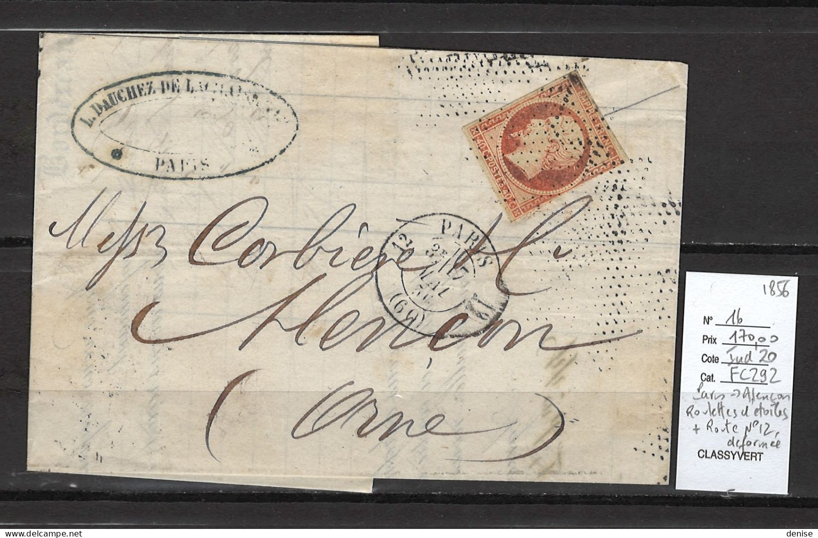 France - Lettre  Paris Pour Alençon - Roulette D'étoiles + Route No 12 - 1856 - 1849-1876: Periodo Clásico