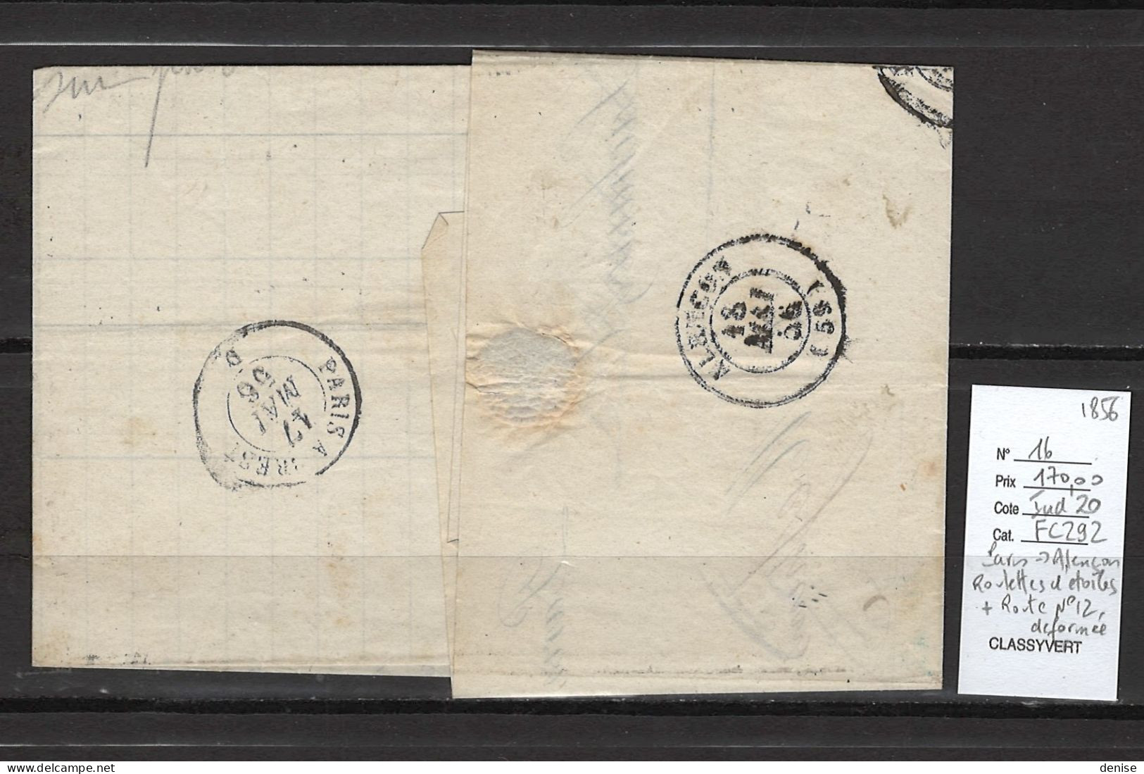 France - Lettre  Paris Pour Alençon - Roulette D'étoiles + Route No 12 - 1856 - 1849-1876: Classic Period