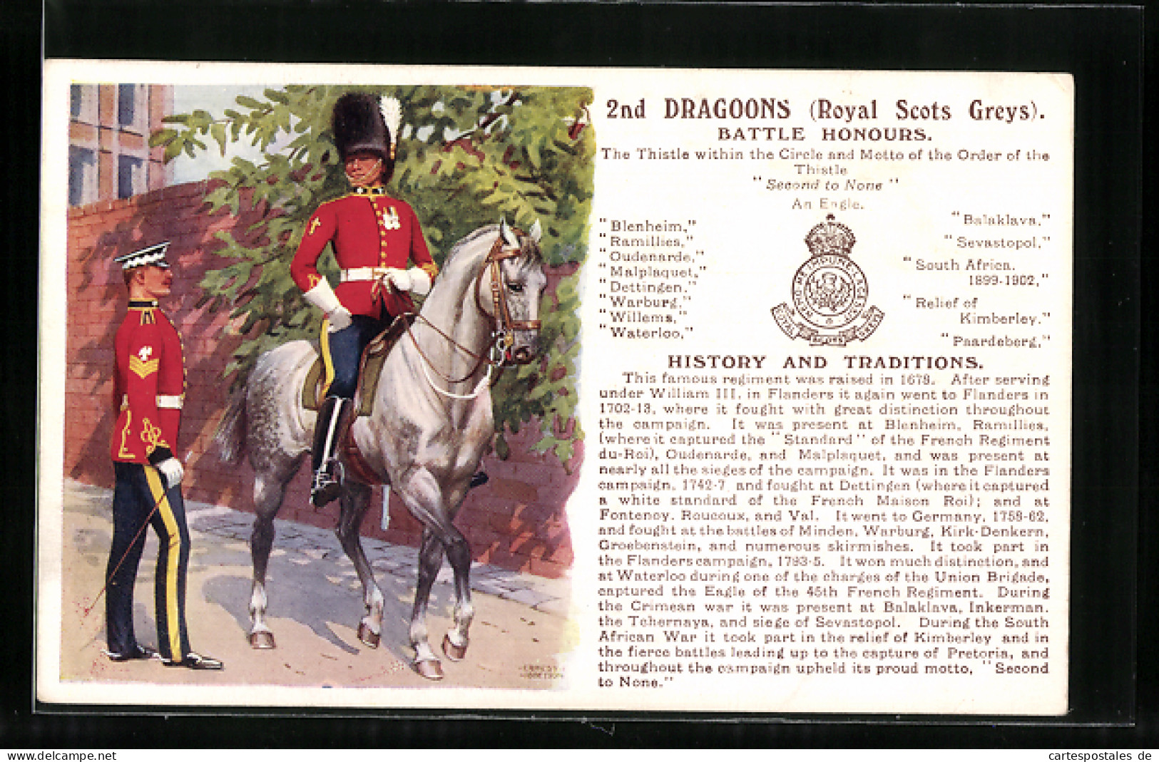 Pc 2nd Dragoons Royal Scots Greys, Battle Honours, Britische Soldaten In Uniformen Mit Pferd  - Régiments