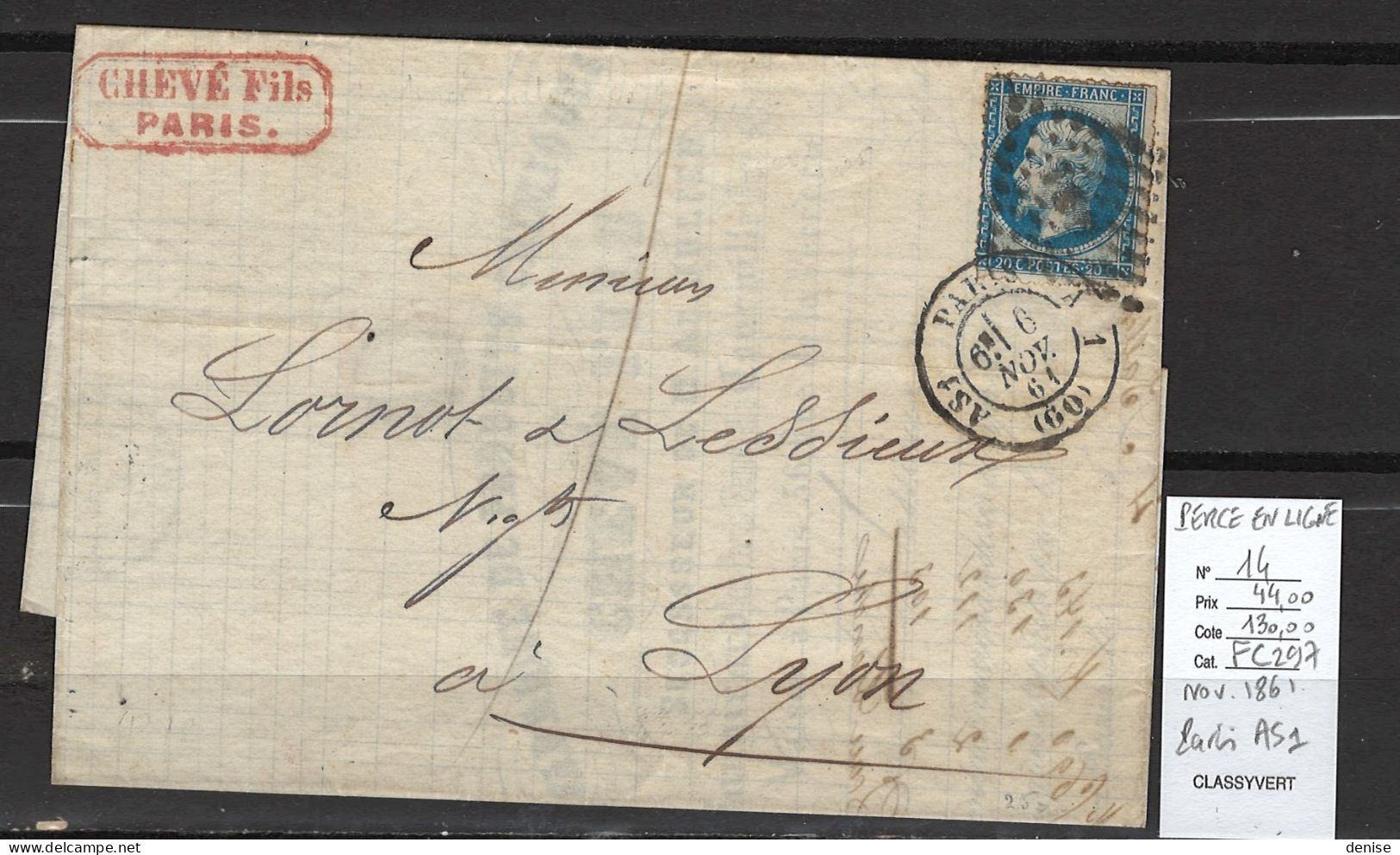 France - Lettre  Paris Bureau AS1 Pour Lyon  - 1861 - Yvert 14 - PERCE EN LIGNE - 1849-1876: Classic Period