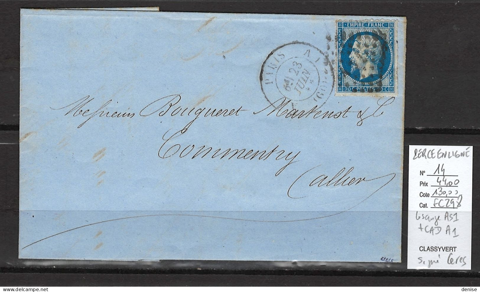 France - Lettre  Paris Bureau AS1 Pour Commentry - 1852 - Yvert 14 - PERCE EN LIGNE - 1849-1876: Période Classique