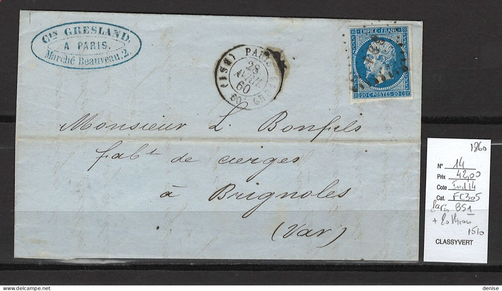 France - Lettre  Paris BS1 - Yvert 14 - 1860 - Pour Brignoles - Var - 1849-1876: Periodo Clásico