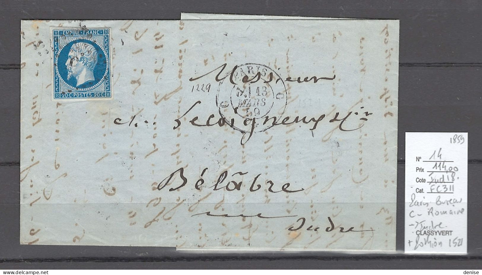 France - Lettre - Paris - Bureau C - Romaine - Pour Belabre - Indre + CAD Pothion 1521 - 1859 - 1849-1876: Période Classique