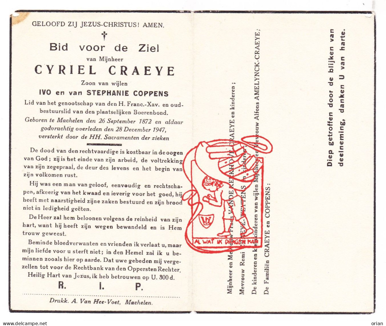 DP Cyriel Craeye / Coppens ° Machelen Zulte 1872 † 1947 Vande Kerkhove Weytens Amelynck - Devotion Images